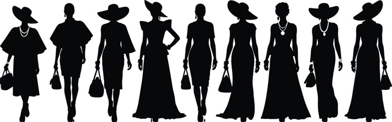 Elegant women silhouettes, fashion poses, wide-brim hats, handbags, stylish outfits, accessories, classic beauty, black vector icons, feminine style, glamour