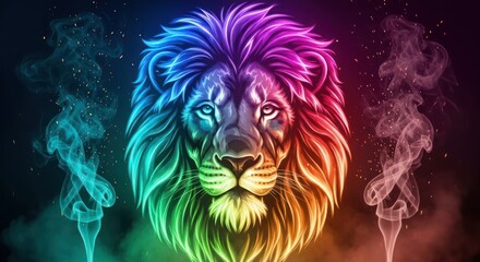 Vibrant lion portrait radiating with spectral colors and ethereal smoke accents a mystical glow