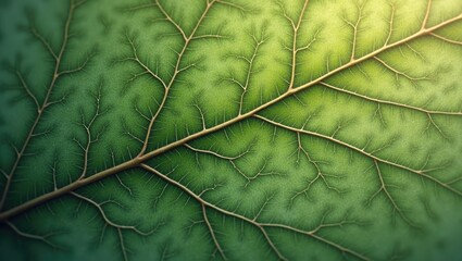 Delicate  captures intricate details of a vibrant green leaf, showcasing the complex vein structure with a gradient transition of light and shadow, creating a sense of depth and organic texture in...