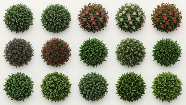 Fifteen spherical topiary bushes in varying shades of green, pink, and red, arranged on a bright white background, showcasing diverse floral elements and textures, with a -style composition. - Powered by Adobe