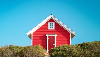 small red house with white roof and red door on clear day isolated on plain background