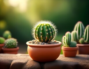tiny cactus in terracotta pot soft focus garden backdrop pot green picture