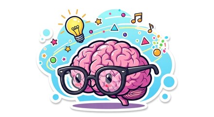 Fototapeta premium A pink brain with glasses, surrounded by stars, a light bulb, and musical notes, against a blue background.