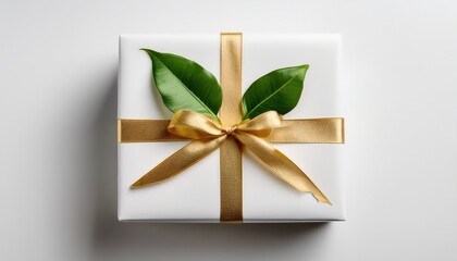 white gift box wrapped with gold ribbon and decorated with a green leaf on a white background