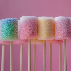 Colorful sugar-coated marshmallow pops on wooden sticks with pink background