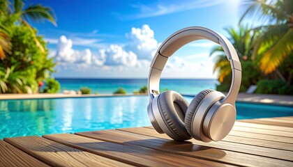 Headphones sit on a wooden deck overlooking a tropical pool and ocean view.