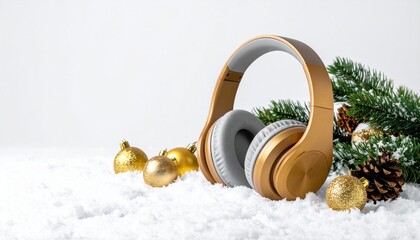 Golden headphones resting in the snow with festive Christmas ornaments and a fir branch, representing a holiday music playlist or a winter gift