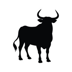 Powerful black bull silhouette standing gracefully against a clean white background, bull in rodeo silhouette vector illustration