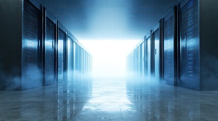 Futuristic Server Room Corridor With Blue Light