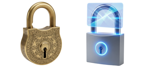  Pair of Security Locks Old Golden and Modern Digital White Background.