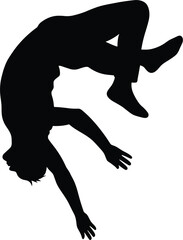 Silhouette of a person doing a backflip gymnastics, silhouette, person, backflip, gymnastics, acrobatics, action, movement, dynamic, athletic, flexibility, strength, skill, performance, white backgrou