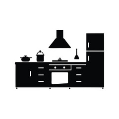 A Silhouette of a Modern Kitchen with Appliances and Cooking Utensils, kitchen silhouette vector illustration