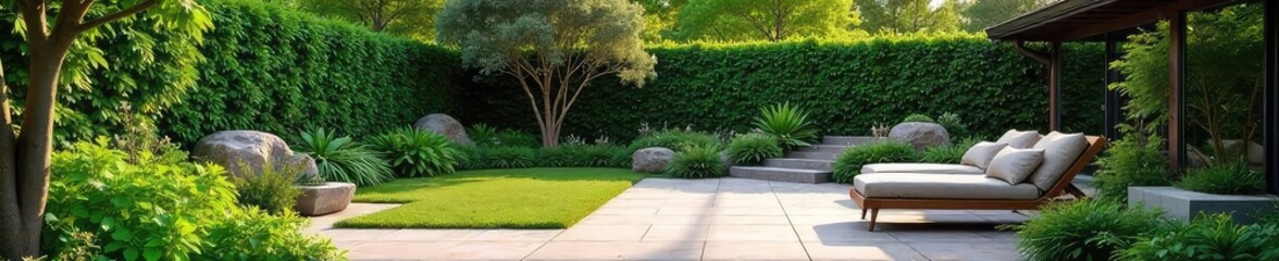 Obraz premium A serene patio landscape design featuring lush greenery, stone pathways, and comfortable seating Perfect for relaxation and outdoor entertaining Enjoy the tranquil ambiance , trees, grass
