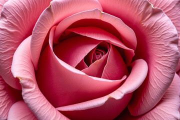 Extreme macro close-up of a beautiful pink rose showing the delicate and perfect spiral pattern of its fresh petals in full bloom