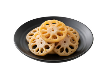 Prepared lotus root slices, arranged attractively on a dark plate, showcasing a golden-brown color and intricate design.
