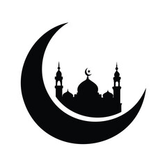 Islamic Symbol Depicting Mosque Silhouette within Crescent Moon for Ramadan Celebration, minimal crescent moon over mosque silhouette vector illustration