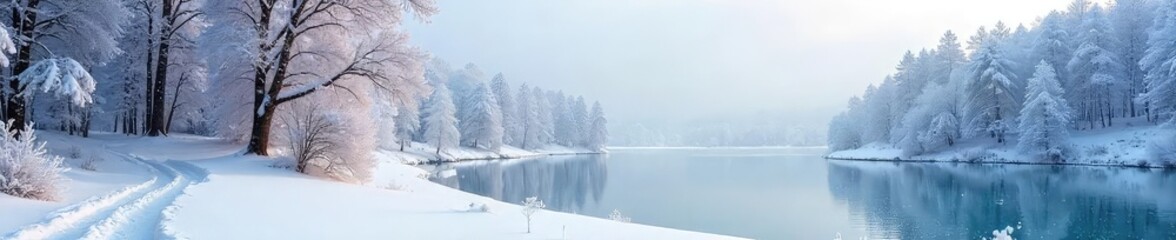 A serene winter landscape featuring snow-covered trees, a frozen lake, and a dusting of fresh snow on the ground Perfect for winter holiday, seasonal, or nature themes , outdoors, snow