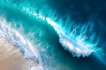 Experience the awe of powerful turquoise waves gracefully curling along a sun-kissed shoreline.