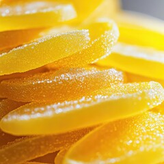 Extreme macro close-up of bright yellow sugar-coated sour gummy slices