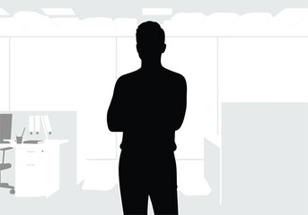 Obraz premium Silhouette of man standing in office with arms crossed, silhouette, man, office, interior, arms crossed, standing, person, business, professional, work, corporate, executive, manager, employee, desk, 