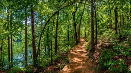 Obraz premium Forest Trail Path Through Lush Green Trees