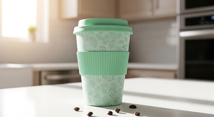 Stylish mint green reusable coffee cup with lid and grip on kitchen countertop.