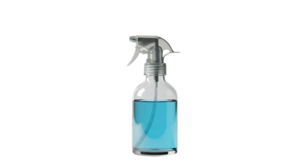 Clear plastic spray bottle with blue liquid isolated.
