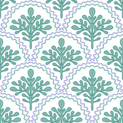 Seamless Hand Drawn Leaf Pattern with Green Branches and Decorative Scallop Borders