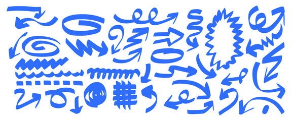 Collection of hand drawn blue arrows isolated on white background