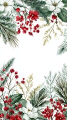 Christmas Floral Frame With Red Berries And Green Fir
