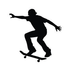 A skater is doing a trick on a skateboard in silhouette, skateboarder doing manual trick silhouette vector illustration