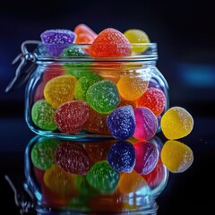 Colorful sugar-coated jelly drops in a glass jar with reflection on a dark background