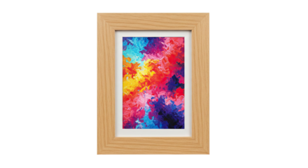 Colorful abstract artwork encased in a natural light wood frame.