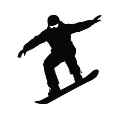 Black silhouette of a snowboarder performing a jump against a white background, snowboarder doing trick silhouette vector illustration