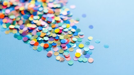 Colorful confetti falling dynamically against a solid blue background, conveying a sense of joyful celebration.