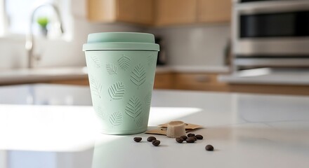 Light green reusable coffee cup with scattered coffee beans on a kitchen counter.