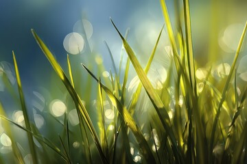 Closeup Of Dewy Green Grass Blades Under Sunlight
