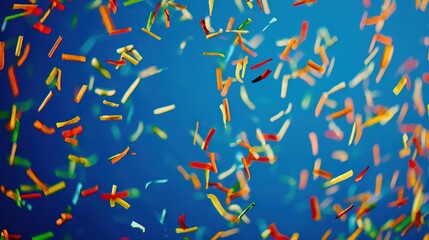 Colorful confetti falling dynamically against a solid blue background, conveying a sense of joyful celebration.