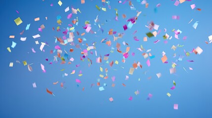 Colorful confetti falling dynamically against a solid blue background, conveying a sense of joyful celebration.