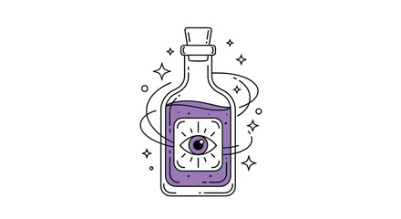 A magical potion bottle with an eye symbol swirls and sparkles.