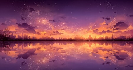 Naklejka premium Beautiful sunset with a city in the background. The sky is filled with stars and the water is calm