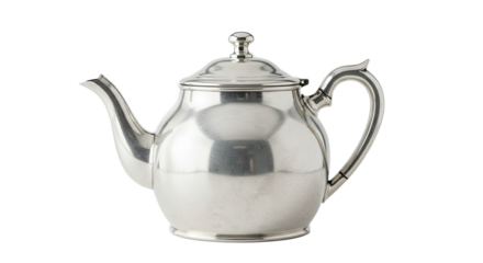 Elegant silver teapot with lid and handle for serving tea.