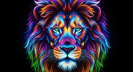 Vibrant chromatic radiance emanates from the majestic lion's countenance against ebony depths