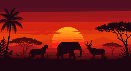 Obraz premium African wildlife silhouette at sunset with elephant and antelope 