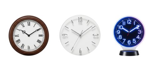  Three Distinct Clock Variations Isolated on White Cutout.