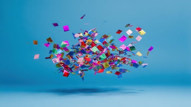 Colorful confetti falling dynamically against a solid blue background, conveying a sense of joyful celebration.