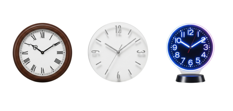  Three Distinct Clock Variations Isolated on White Cutout.