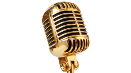 Shiny golden retro microphone with classic vintage design, stylish audio equipment illustration on white background