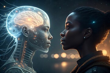 Obraz premium Futuristic cyborg profile facing human head illustrating ai brain integration and future technology