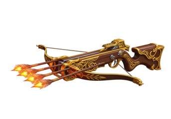 Ornate crossbow with fiery arrows, angled against a dark backdrop, showcasing intricate golden embellishments and the readiness for a powerful shot.